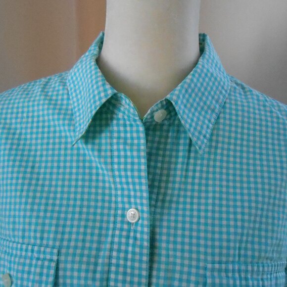 Adrienne Vittadini Teal & White Checked Collared Blouse Paisley Lining- Med-READ - Picture 2 of 6
